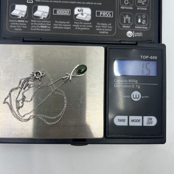 Vintage Sterling Silver & Nephrite Jade Wishbone Pendant 18" Necklace - Picture 5 of 6